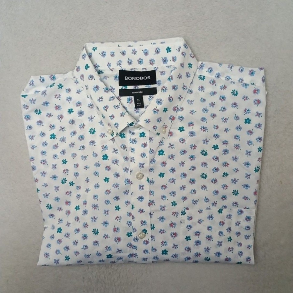 Bonobos Shirt Mens XL White Floral Button-Up Long Sleeve Cotton Casual Work